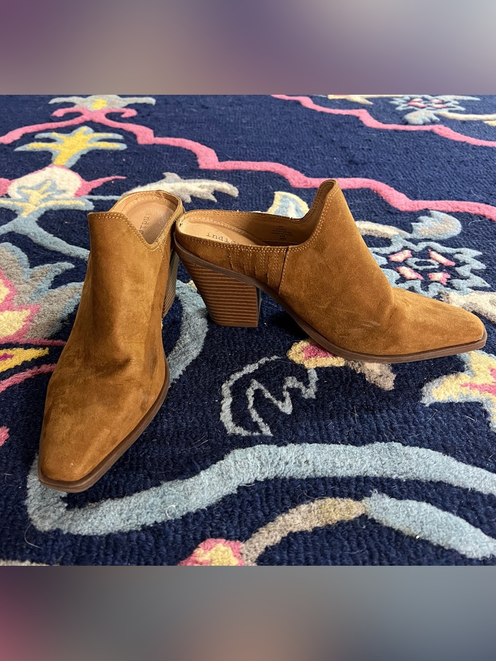 Indigo Suede Tan Brown Mules with Block Heel